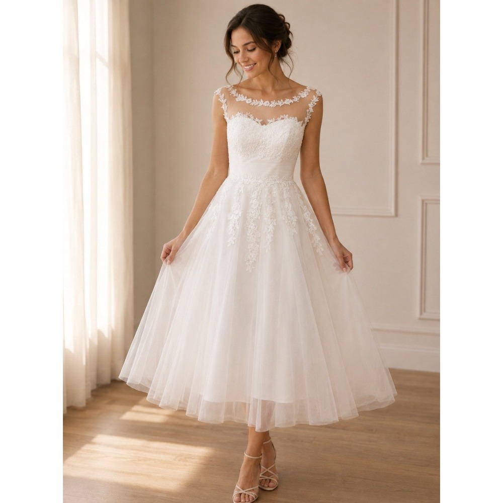 AbaoWedding White Lace Tulle Tea Length Wedding Dress Corset Back US 18W NWOT